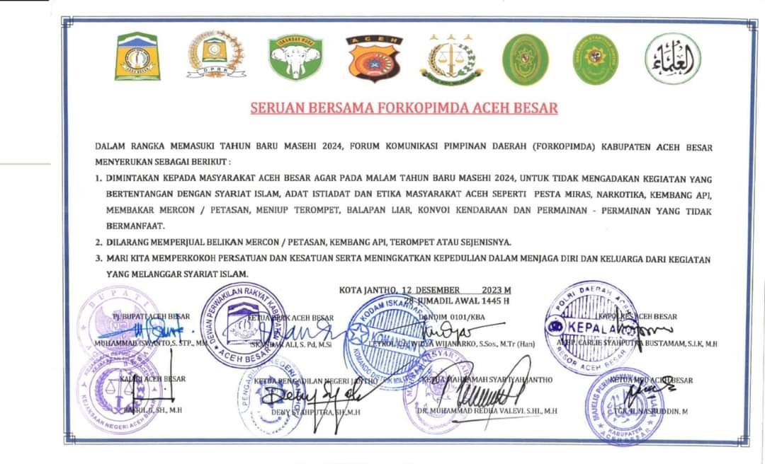Jelang Tahun Baru Forkopimda Aceh Besar Keluarkan Seruan Bersama