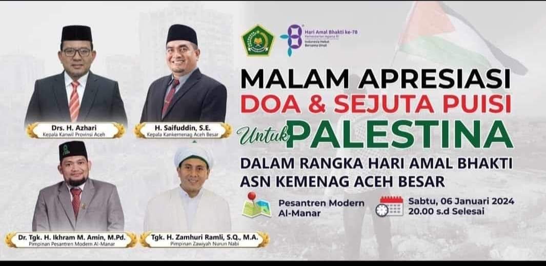 Malam Ini, Kemenag Aceh Besar Gelar Apresiasi HAB ke -78 dan Doa untuk Palestina